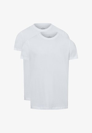 Two white cotton t-shirts stacked, round crew necks, short sleeves, smooth texture, no visible patterns or logos.