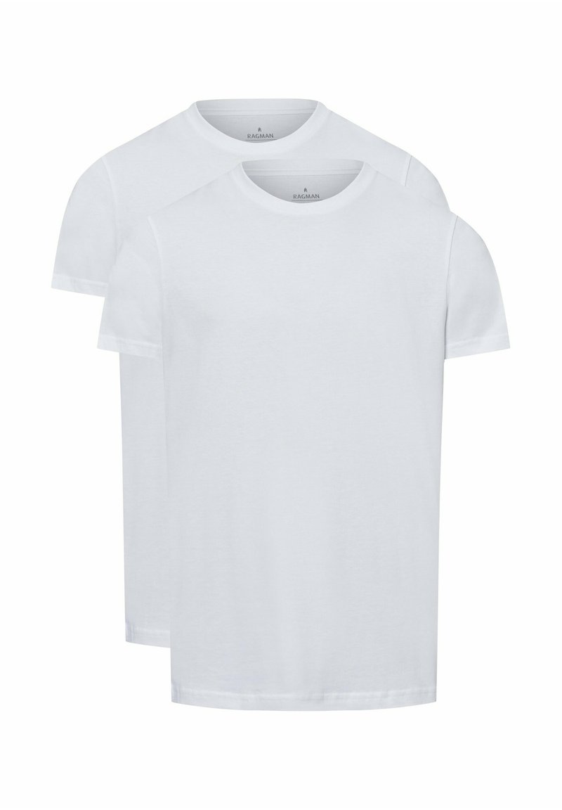 Zwei weiße Baumwoll-T-Shirts übereinander gestapelt, runder Rundhalsausschnitt, kurze Ärmel, glatte Textur, keine sichtbaren Muster oder Logos.