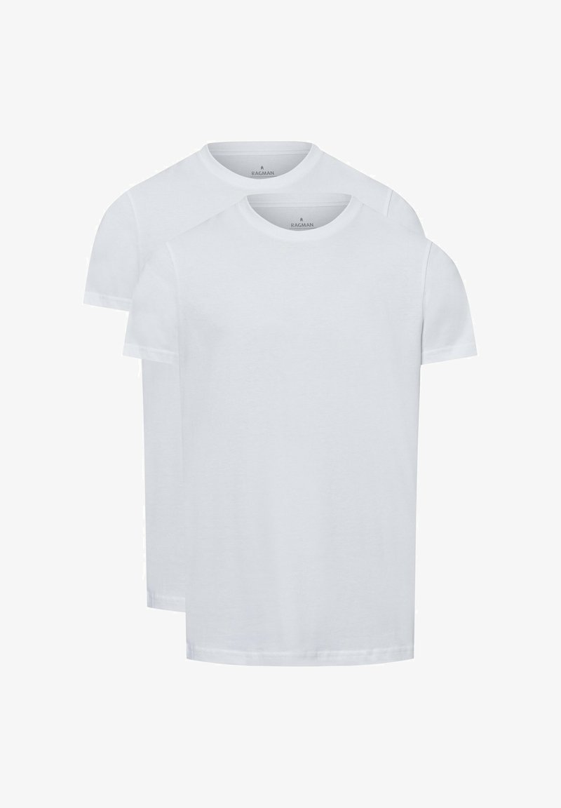 Zwei weiße Baumwoll-T-Shirts übereinander gestapelt, runder Rundhalsausschnitt, kurze Ärmel, glatte Textur, keine sichtbaren Muster oder Logos.