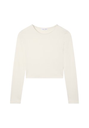 Top corto a maniche lunghe in tessuto bianco sporco. Presenta un colletto rotondo con una texture liscia e cuciture minime, offrendo un design semplice e pulito.