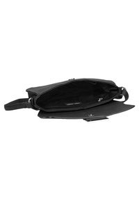 Borsa a tracolla nera con superficie testurizzata, design aperto e un compartimento principale. Caratterizzata da una chiusura con zip e pulsante a snap. L'interno è foderato.