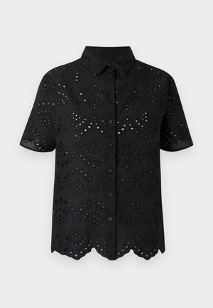 Zwart shirt met korte mouwen, voorzien van oogjesborduurwerk, met een scalloped zoom en knoopsluiting. Lichtgewicht stof met een gestructureerd patroon.