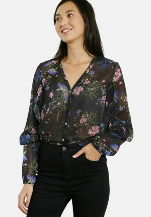 Zwarte chiffon blouse met kleurrijke bloemenprint, V-hals en knoopsluiting; lange opbollende mouwen met elastische manchetten en een relaxte pasvorm.