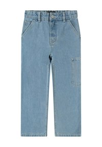 Pantaloni in denim blu chiaro con design a gamba dritta, chiusura frontale con bottone e numerose tasche, inclusa una tasca cargo laterale.