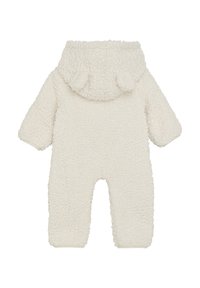 Cremefarbener, flauschiger Overall mit Kapuze, die zwei Ohrenakzente hat, langen Ärmeln und elastischen Bündchen an Knöcheln und Handgelenken.