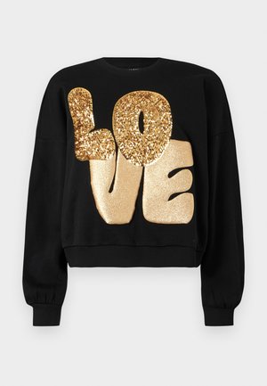 Sort sweatshirt med stort guldglitter "LOVE" påskrift, ribbet halsudskæring og elastiske manchetter, med et cropped design.