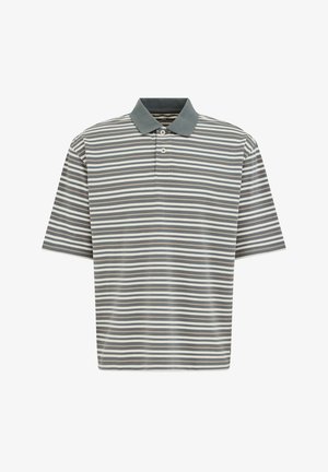 Poloshirt met korte mouwen met horizontale strepen in grijs, wit en beige, en een effen grijze kraag met twee knopen.