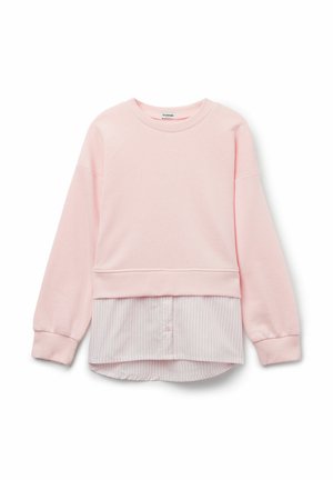 Rosa Sweatshirt aus weichem Stoff, mit Rundhalsausschnitt, überschnittenen Schultern und einer gestreiften Schicht am unteren Rand mit Knopfdetails.