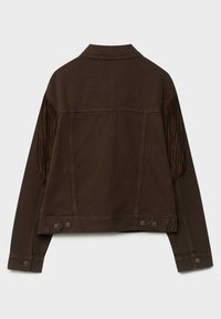 Bruine spijkerjasje met geborduurde franjes langs de schouders, een klassieke kraag en knoopsluitingen bij de manchetten en zoom.