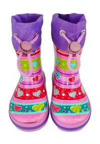 Bottes de pluie en caoutchouc avec des tiges violettes, rayures horizontales colorées avec des cœurs et des étoiles, finition texturée et fermeture avec cordon.