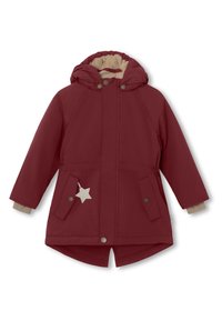 Vêtement d'extérieur bordeaux avec une capuche, doublure beige, deux poches à l'avant et un accent étoile argentée sur la poche gauche.