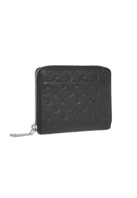 Portafoglio in pelle nera con motivo impresso, chiusura con zip e dettaglio in hardware color argento. Forma rettangolare compatta, superficie testurizzata.