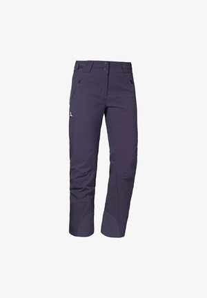 Pantaloni impermeabili viola con tasche con zip, design aderente e rinforzi alle ginocchia per una maggiore durata. Adatti per attività all'aperto.