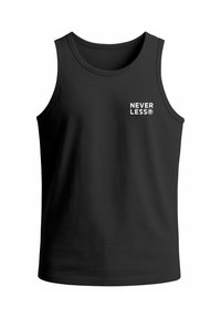 Schwarzes, ärmelloses Tanktop aus glattem Stoff mit einem weißen "NEVER LESS®"-Logo auf der Vorderseite. Klassischer Rundhalsausschnitt und lässige Passform.