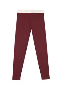 Burgundy leggings med ribbat mönster och en krämfärgad randig midja, med en figurnära design och inga synliga dekorativa detaljer.