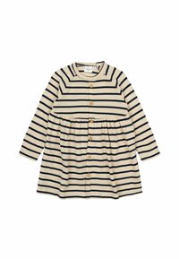 Ilgų rankovių smėlio spalvos su tamsiai mėlynomis horizontaliomis juostelėmis suknelė, turi apvalų iškirpimą, mygtukų užsegimą ir susirinkusį liemenį, kuris suteikia platų siluetą.