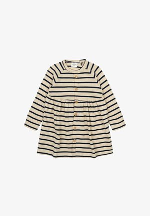 Rochie cu mânecă lungă de culoare bej, cu dungi orizontale bleumarin, are decolteu rotund, închidere cu butoane și talie strânsă pentru un siluetă evazată.