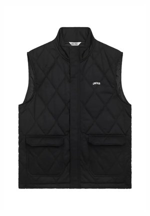 Schwarze gesteppte ärmellose Weste mit hohem Kragen, zwei aufgesetzten Klappentaschen vorne und "UNFAIR"-Logo auf der Brust.
