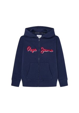 Marineblå zip-up hættetrøje lavet af blødt stof, med forlommer, snøre i hætten og broderet "Pepe Jeans"-logo i rødt.