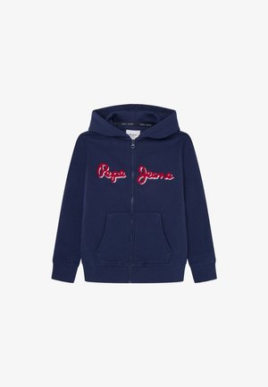 Granatowa bluza z kapturem na zamek, wykonana z miękkiego materiału, z przednimi kieszeniami, kapturem ze ściągaczem oraz haftowanym czerwonym logo "Pepe Jeans".