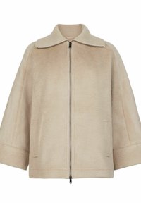 Beige, texturerad tygjacka med bred krage och framzipper. Har sänkta axlar och korta ärmar för en avslappnad siluett.