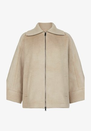Beige Jacke aus strukturiertem Stoff mit breitem Kragen und Frontreißverschluss. Sie verfügt über überschnittene Schultern und gekürzte Ärmel für eine lässige Silhouette.