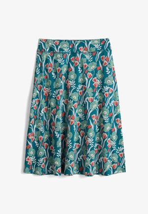 Jupe bleu sarcelle longueur genoux avec imprimé floral rouge et vert clair et tiges blanches, avec une taille ajustée et une légère évasement à l'ourlet.