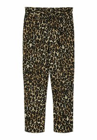 Luipaardprintbroeken met een trekkoord in de taille, gemaakt van zachte stof. Heeft een mix van tan, bruin en zwarte vlekken op een lichte achtergrond.