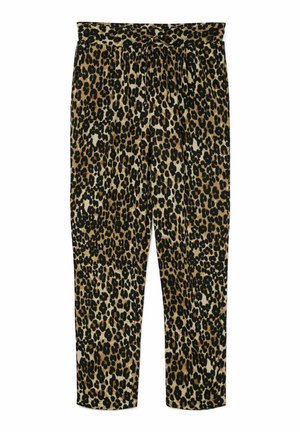 Leopard print trousers with a drawstring waist, made from soft fabric. Features a mix of tan, brown, and black spots on a light background.
