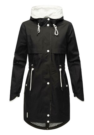 Czarna wodoodporna kurtka z białym kapturem podszewkowym, regulowanymi ściągaczami i zapięciem na zatrzaski. Posiada przednie kieszenie oraz paskowane wykończenie wewnętrzne.