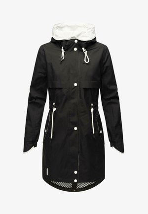 Czarna wodoodporna kurtka z białym kapturem podszewkowym, regulowanymi ściągaczami i zapięciem na zatrzaski. Posiada przednie kieszenie oraz paskowane wykończenie wewnętrzne.