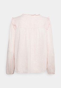 Lichtroze blouse met lange mouwen en gerimpelde schouderaccenten, van textuurstof met een subtiel ruitpatroon, losse pasvorm met een geplooide achterkant.