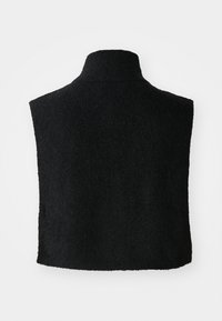 Black high-neck sleeveless wool vest with a textured finish, displayed flat against a white background.