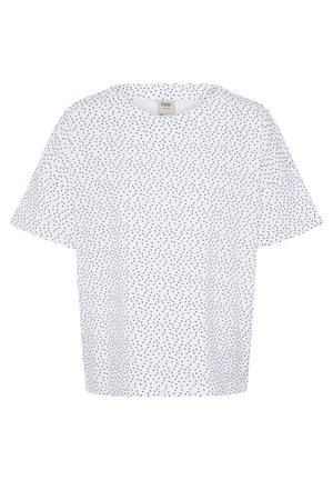 Weißes T-Shirt mit kurzen Ärmeln, kleinen schwarzen Tupfen, die gleichmäßig über den Stoff verteilt sind, und einem runden Halsausschnitt.