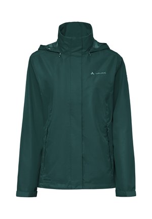 Donkergroene waterdichte outdoorjas met capuchon, rits aan de voorkant, met ritssluitingen afsluitbare zijzakken en Vaude-logo op de borst.