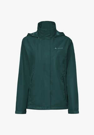 Donkergroene waterdichte outdoorjas met capuchon, rits aan de voorkant, met ritssluitingen afsluitbare zijzakken en Vaude-logo op de borst.
