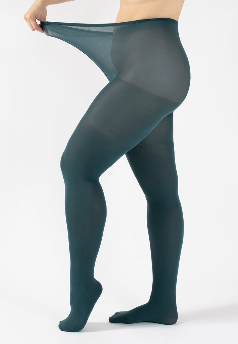 Collant opaco color teal, con una texture liscia, vita elastica e area delle gambe trasparente. Progettati per il comfort con una forma aderente.