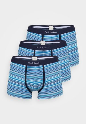 Trois paires de boxers pour hommes avec des rayures bleues et blanches, dotés d'une ceinture marine portant l'inscription "Paul Smith". Fabriqués en tissu doux.