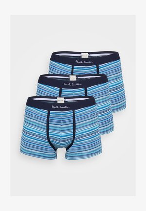 Drei Paare Herren-Boxershorts mit blau-weißen Streifen, mit einem navyfarbenen Bund, der mit "Paul Smith" beschriftet ist. Aus weichem Stoff gefertigt.