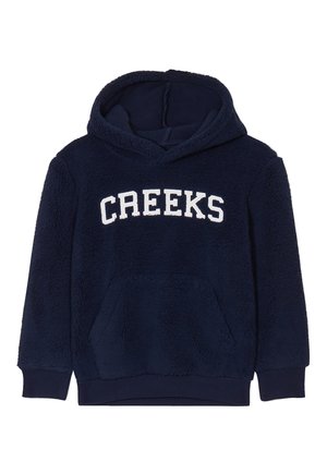 Felpa con cappuccio blu navy in pile, dotata di tasca a marsupio, lettering bianco "CREEKS" e cappuccio. Presenta polsini e orlo a coste. Texture morbida.