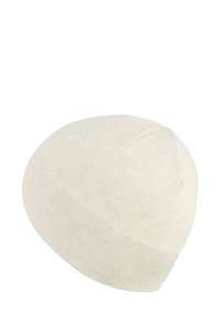 Light beige beanie made of textured knit fabric, rounded shape with a seam at the top, smooth finish, no patterns or accents visible.