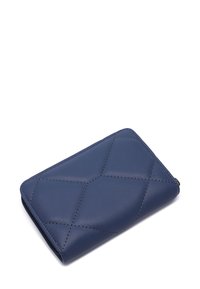 Blue leather wallet with geometric quilted pattern, raised stitch detailing, and zip closure. Compact rectangular design. Textured surface.