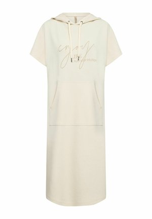 Kalkové šaty s kapucí a krátkým rukávem vyrobené z bavlněné látky v světle béžové barvě, s přední kapsou. Obsahují potisk se zlatým textem, který zní "užívej si ŽIVOT, důvěřuj své intuici".