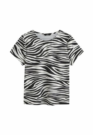 Kurzärmeliges T-Shirt mit Zebramuster in Schwarz-Weiß, mit rundem Ausschnitt und lockerer Passform. Hergestellt aus einem glatten Stoff.