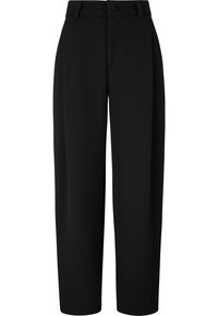 Pantalon noir ajusté à jambes droites avec passants pour ceinture et poches avant, doté d'une fermeture avant dissimulée.