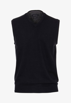 Maglione smanicato nero con scollo a V. Realizzato in morbido cotone, presenta un orlo a coste e una sottile ricamo del logo sul petto.
