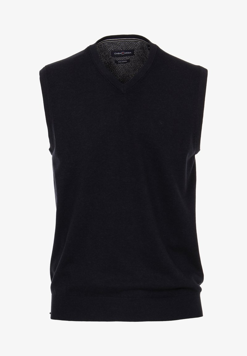 Schwarze ärmellose Weste mit V-Ausschnitt. Hergestellt aus glattem Baumwollstoff, mit geripptem Saum und dezentem Logo-Stick auf der Brust.