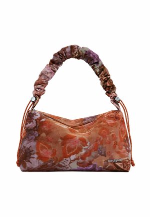 Petit sac à main avec poignée froncée, motif floral orange et violet et logo Desigual sur le devant.