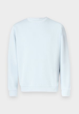 Ljusblå sweatshirt av slät tyg, med långa ärmar, rund halsringning och ribbade muddar och fåll. Inga mönster eller grafik.