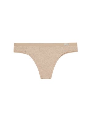 Sous-vêtements bikini en mélange de coton beige avec une taille étroite et une petite étiquette rectangulaire sur le côté droit.